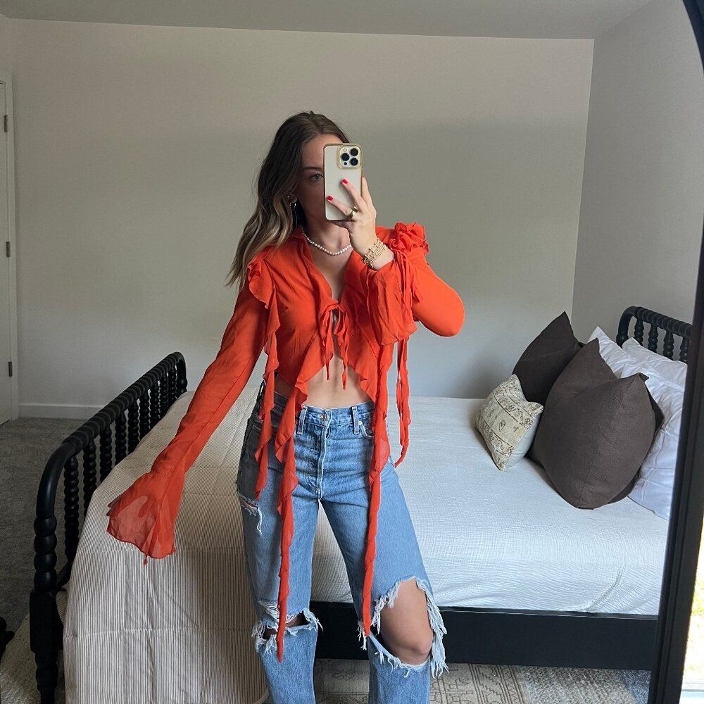 PrettyLittleThing Orange Tie-Front Blouse